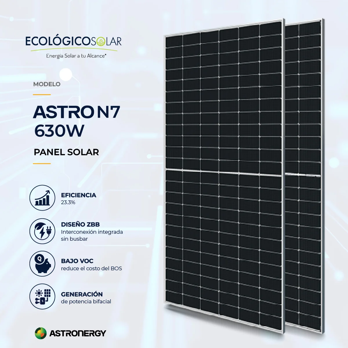 Panel Solar Tipo N7 2.0- ASTRONERGY 630 N7CHSM72N(DG)/F-BH(182)